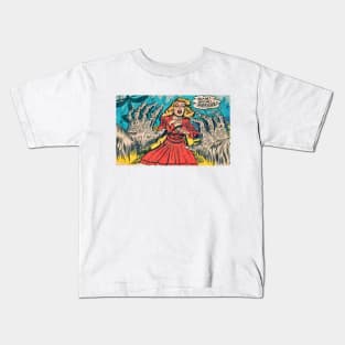 Comic hairy monster hands attacking a woman in red Kids T-Shirt